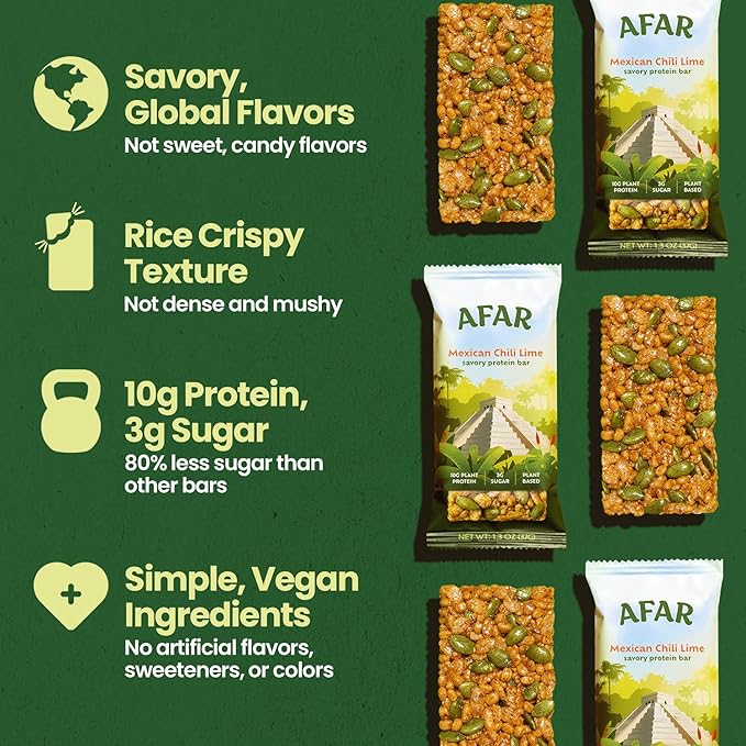 Afar Savory Protein Bars – Low Sugar, High Protein – Healthy Snacks for Adults – Meal Replacement Bar – Rice Crispy Texture – Vegan, Gluten Free (8 Bars, Mexican Chili Lime)