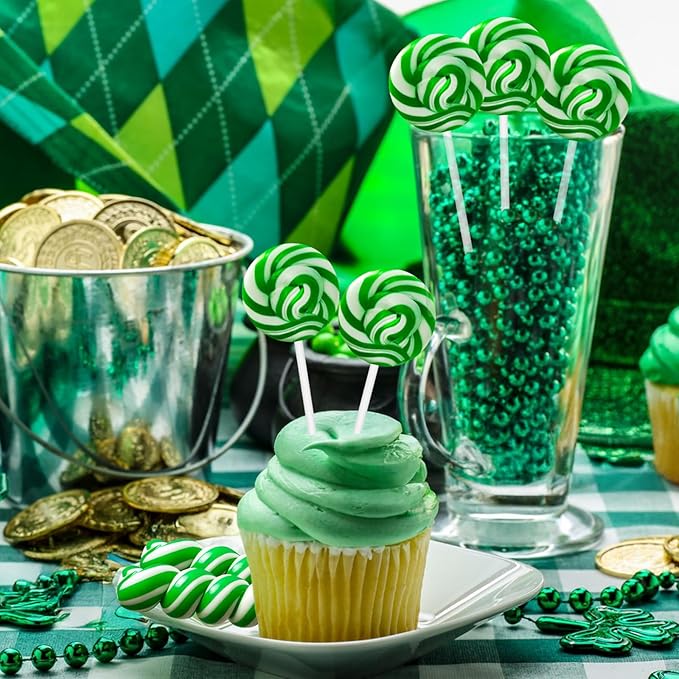 32 Pack Twist & Swirl Lollipops Suckers Individually Wrapped Bulk, St. Patrick's Day Candy Suckers, Green & White Swirl Lollipops Candy, Green Apple Flavor