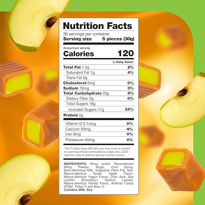 Caramel Cubes Candy - 2 Pound Pack (150 Count) - Green Apple Filling - Individually Wrapped