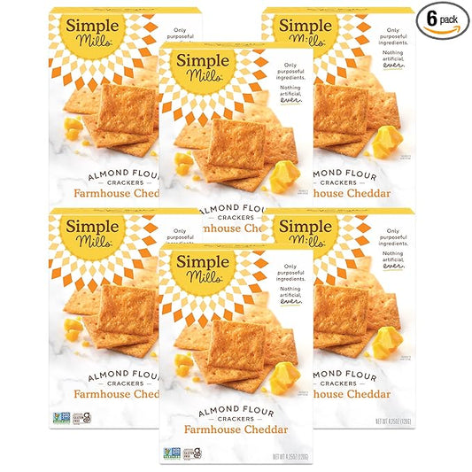 Simple Mills Farmhouse Cheddar Almond Flour Crackers, Gluten Free, Flax Seed, Sunflower Seed, Corn Free, Great for Snacking, Made with Whole Foods, 4.25 Ounce (Pack of 6)