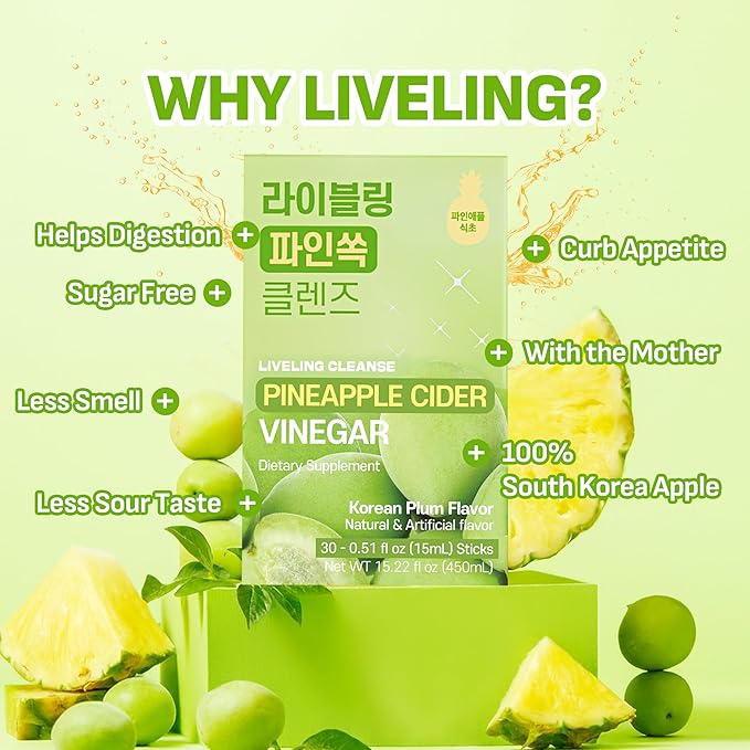 [Liveling] Pineapple Cider Vinegar Drink Stick & 3-in-1 Shot with ACV – Korean-Plum Flavor | Supports Digestion, Daily Cleanse, Sugar-Free, Low-Calorie, Portable On-The-Go Packets (30 sticks)