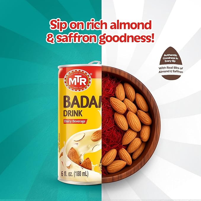 MTR Badam Drink, Ready-to-Drink - Authentic Indian Almond Milk Beverage, Real Bits of Almond & Saffron, No Added Preservatives, No Added Artificial Flavors & Colors, Gluten-Free, Refreshing Drink, Perfect for Anytime Refreshment, Pack of 12