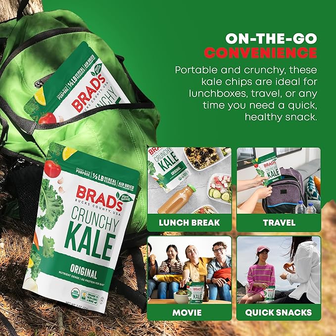 Brad’s Plant-Based - Organic Crunchy Kale Chips - Healthy Snack with Sea Salt - High in Plant-Based Protein & Fiber - Low Carb, Organic Veggie Chips - Original - 2 Oz (Pack of 3)