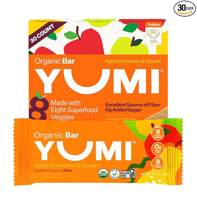 Yumi Organic Toddler Snacks Bars - Gluten-Free, No Added Sugar, 7+ Vegetables, Soft-Baked Crust Yumi Bars, Healthy Toddler Organic Snacks - School Safe and for Lunch Boxes, Apple Cinnamon & Squash (30ct.)