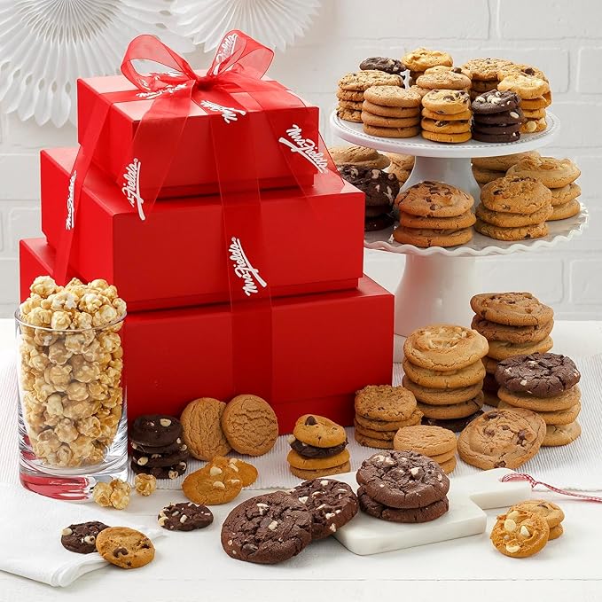 Mrs. Fields Crimson Abundant Combo Tower - Assorted with 48 Original Sized Cookies, 78 Nibblers Bite-Sized Cookies, and 2 Bags Toffee Nut Popcorn (128 Count)