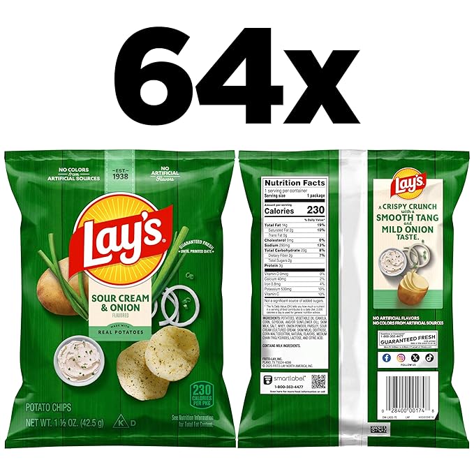 Lay's Potato Chips, Sour Cream & Onion, 1.5 Ounce (Pack of 64)