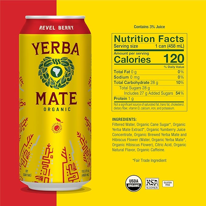 Yerba Madre Organic Yerba Mate, Energy Drink Alternative, Revel Berry, 150mg Natural Plant Based Caffeine, Better for You Energy & Focus, No Jitters or Crash, 15.5 Oz (Pack of 12) (Packaging May Vary)
