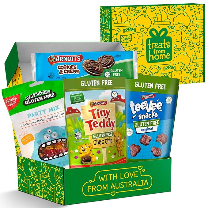 Gluten-Free Snack Box - Premium Assorted Cookies & Treats - Includes Simply Wize Party Mix, Tiny Teddy Choc Chip, TeeVee Snacks & More - Coeliac Friendly Gift (Pack of 4)