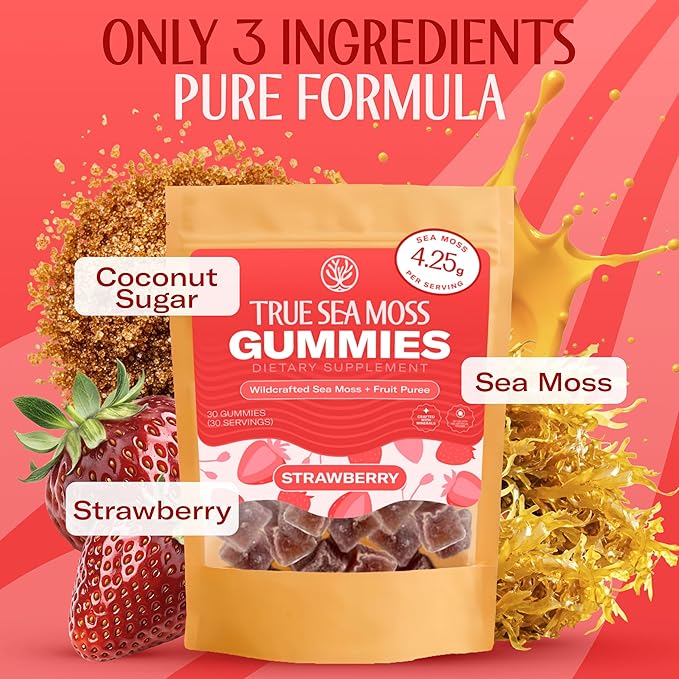 True Sea Moss Gummies – High Potency 4250mg Wildcrafted Irish Sea Moss Gel Extract per Serving + Strawberry Flavor – With Coconut Sugar & Real Fruit Purée – 30 Gummies (30 Servings)