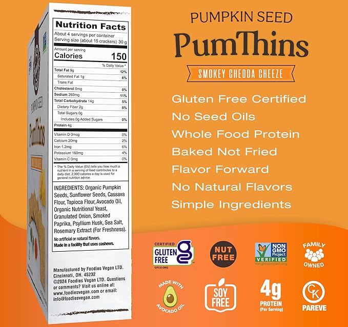 Foodies PumThins Smokey Chedda Pumpkin Seed Crackers, Gluten Free, Grain Free, Low Carb, No Seed Oils, High Protein, Clean Ingredients, 4.25 oz (3-Pack)