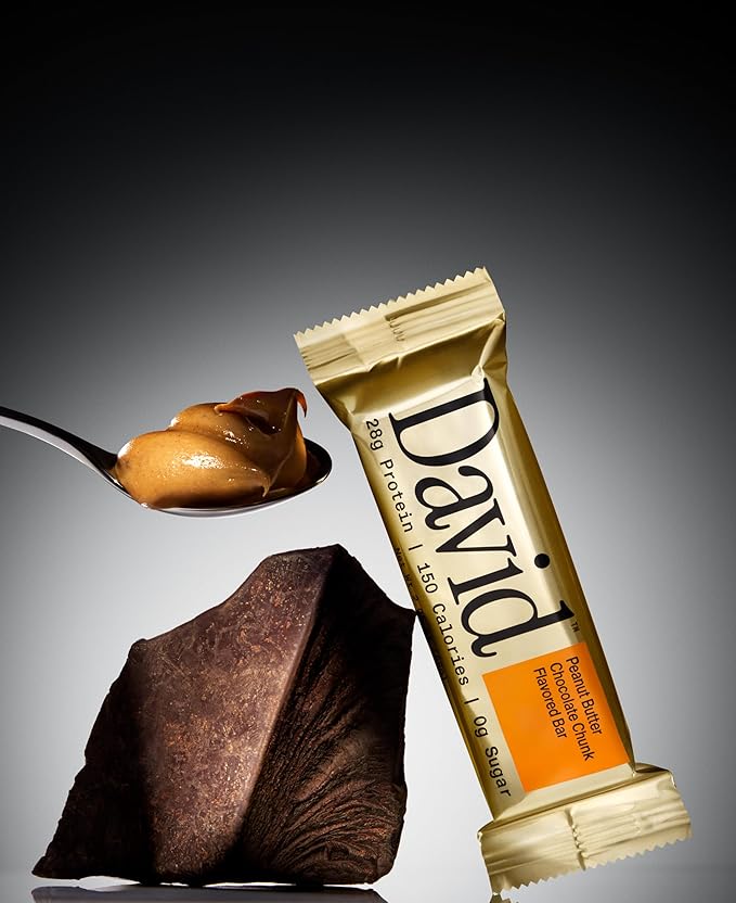 David High Protein Bars No Sugar - Sugar Free Protein Bars, Low Carb, Gluten Free - 28g of Protein, 150 Calories - David Bar On-The-Go Snack - Peanut Butter Chocolate Chunk Flavor, Pack of 12