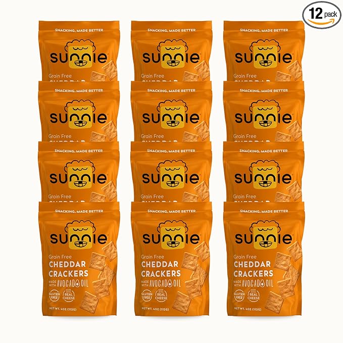 Sunnie Gluten Free Cheddar Crackers, Healthy Grain-Free Cracker Made with Real Cheese, Snacks for Kids & Adults, Made with Avocado Oil, Low Calorie Snack, 4 oz, Pack of 12