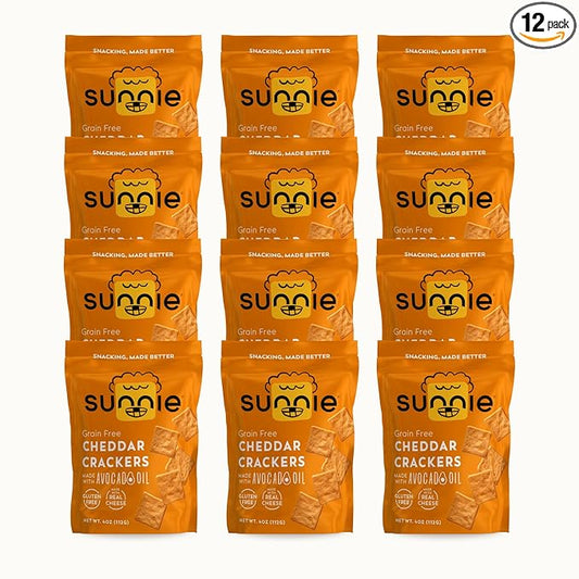 Sunnie Gluten Free Cheddar Crackers, Healthy Grain-Free Cracker Made with Real Cheese, Snacks for Kids & Adults, Made with Avocado Oil, Low Calorie Snack, 4 oz, Pack of 12