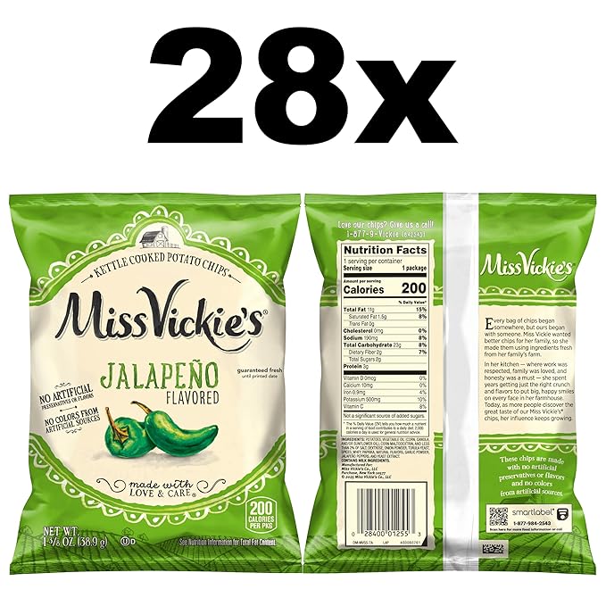 Miss Vickie's Kettle Cooked Potato Chips, Jalapeno, 1.375 Ounce (Pack of 28)