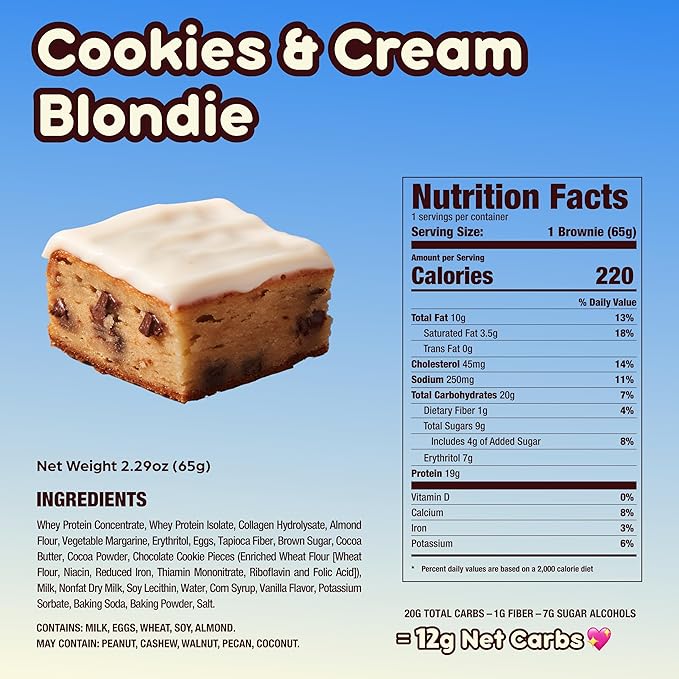 Prime Bites High Protein Brownie (12 Per Box, Cookies & Cream Blondie) - 19g of Protein, 5g of Collagen, Gluten Free, Low Sugar Treat, Delicious Protein Snack