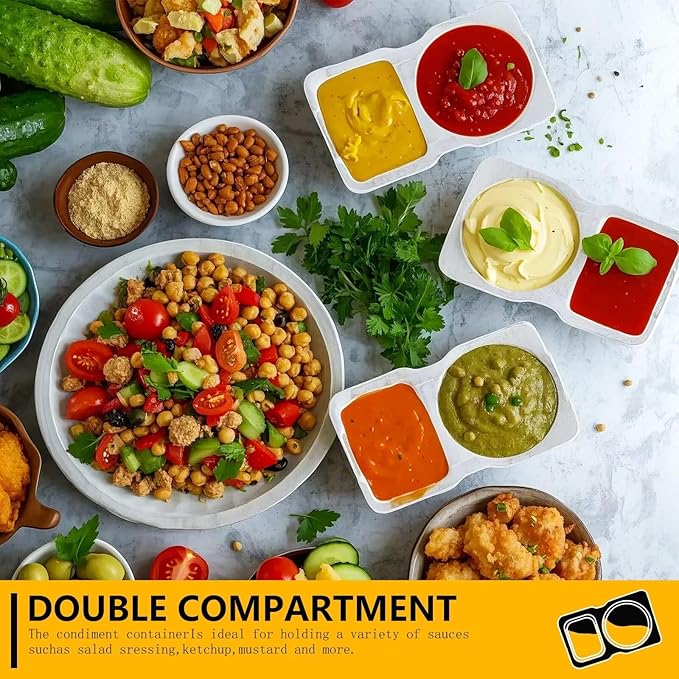 20pcs Reusable Snack Containers with Lids,2025 New 2 Compartment Plastic Containers for Pack Snacks,Leakproof Double Compartment Condiment Pack for Meal Prep, Portion Control,On-the-Go School Travel