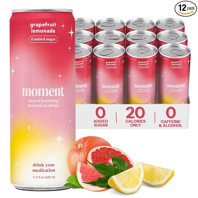 Moment Botanical Soda Soft Drink (Shark Tank) - SPARKLING Non Alcoholic Drinks | L-Theanine & Ashwagandha for Calm & Clarity | 0 Added Sugar 0 Caffeine | Grapefruit Lemonade |12-pack