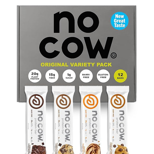 No Cow Vegan Protein Bars, Upgraded Original Variety Pack | 20g Plant Based Protein, Gluten Free, Dairy Free, Soy Free, Keto Friendly, Low Sugar, High Fiber Snack Bars | Pack of 12