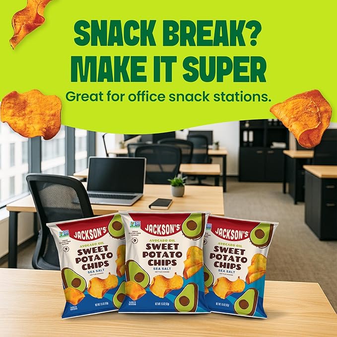Jackson’s Sweet Potato Kettle Chips with Sea Salt made with Premium Avocado Oil (1.5 Ounce, Pack of 18) - Allergen-friendly, Gluten Free, Peanut Free, Vegan, Paleo Friendly - Shark Tank Product