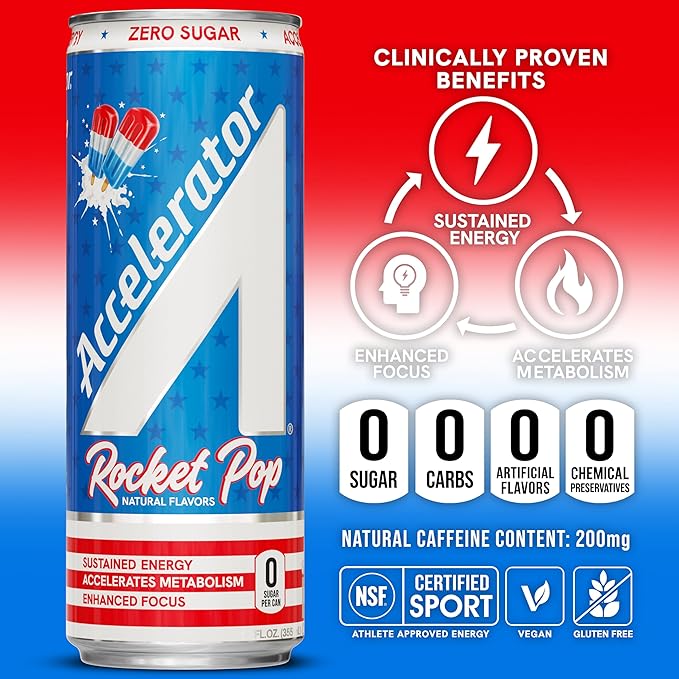 Accelerator Energy Drink, Rocket Pop 12oz can (12 pack), Zero Sugar, Sustained Energy from 100% Natural Caffeine (200mg from Green Coffee Bean & Green Tea extract)