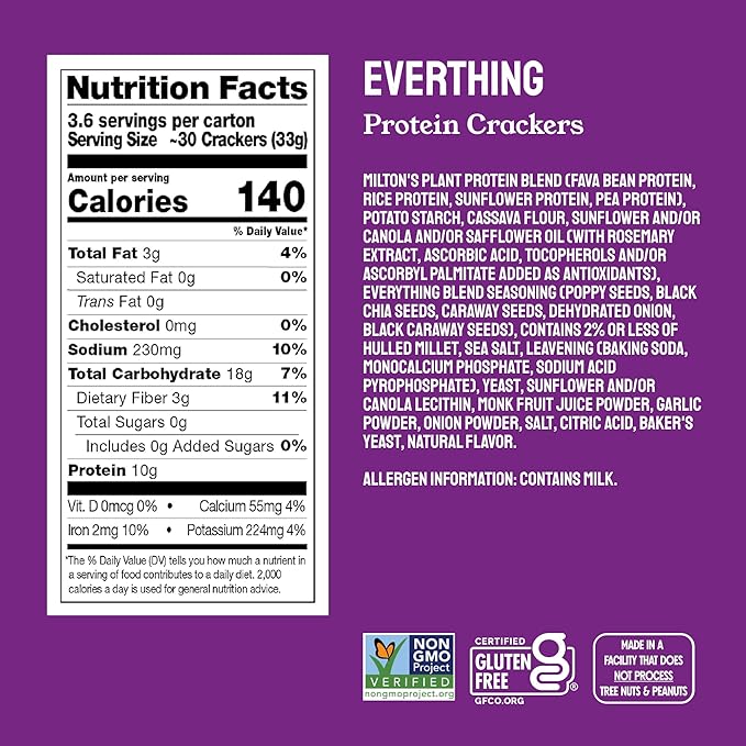 Milton's Protein Crackers, Everything - 10g of Plant-Based Protein Per Serving, Gluten Free, Non-GMO Project Verified, Vegetarian-Friendly, Zero Grams Added Sugar Per Serving, 4.25 Oz, Pack of 4
