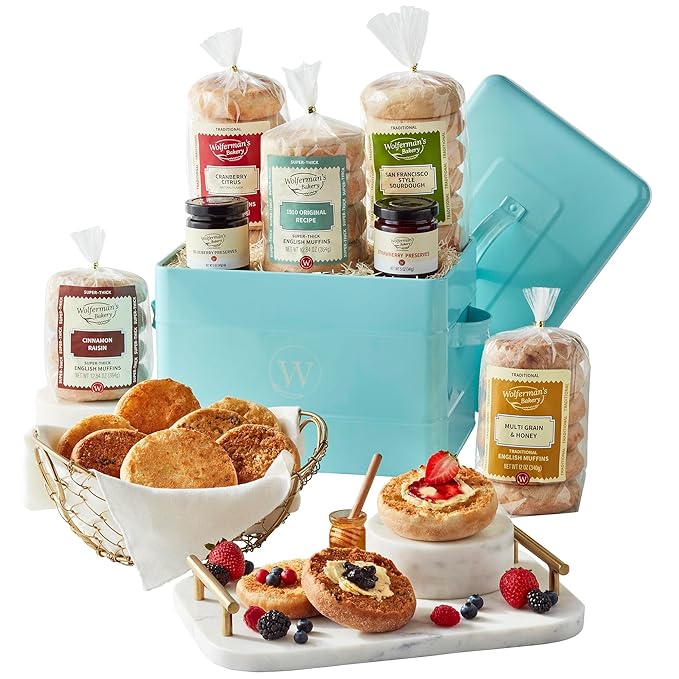 Wolferman's Classic Breadbox Gift, Cinnamon Raisin, Sourdough, Multigrain Honey, Cranberry & Original English Muffins, Strawberry Preserves Assortment In Keepsake Tin, Breakfast, Brunch, 27Pc