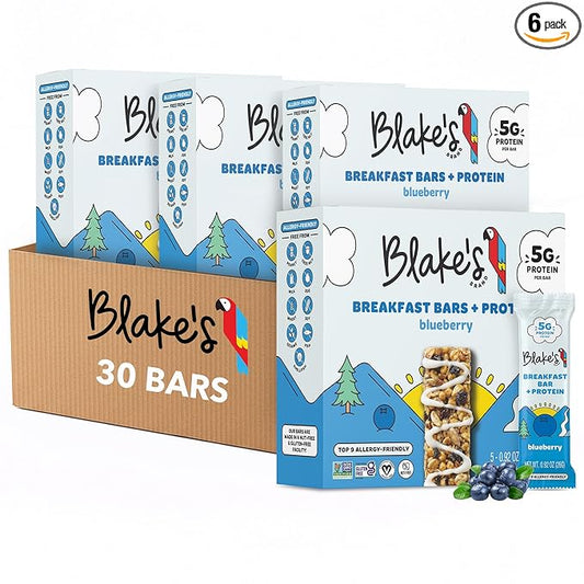 Blake's Breakfast Bars with Protein — Blueberry (30 Count), 5g Clean Plant-Based Protein, Gluten Free, Nut Free, Dairy Free & Vegan, Healthy Snacks for Kids or Adults, School Safe