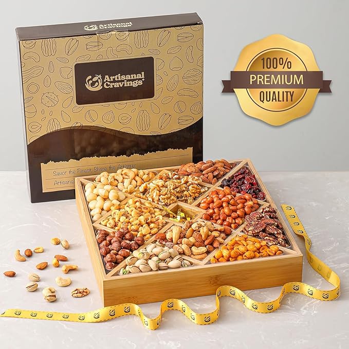 Gourmet Mixed Nuts Gift Basket with Lazy Susan in Sleek Bamboo Wood Reusable Platter | XL 2.5 lb Platter Includes 12 Assortments of Premium Nuts, Kosher