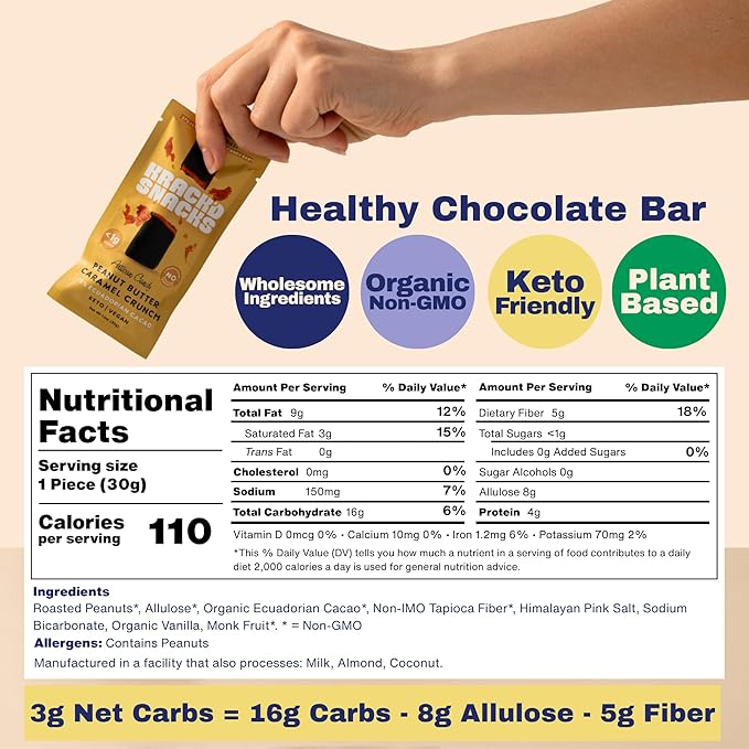 Krack’d Snacks Keto Chocolate Snack Bars 10 Pk | Handmade Low Carb, Sugar Free Dark Chocolates with Peanut Butter, Caramel Crunch, Allulose | Vegan, Non-GMO, Gluten Free Chocolate Candy Bar