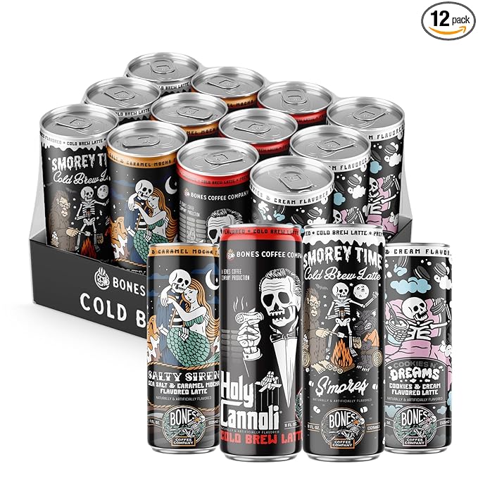 Bones Coffee Company Variety Pack Flavored Coffee, S'morey Time, Salty Siren, Holy Cannoli and Cookies N' Dreams Ready To Drink Latte Coffee in Can | Variety Flavors in Cans | 11 Fl Oz Can (12 Pack)