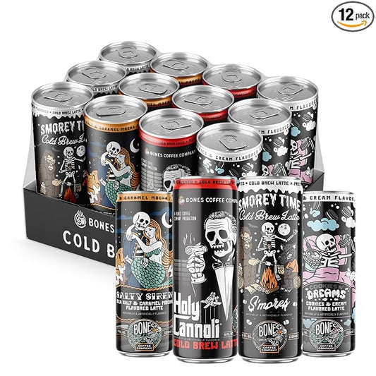Bones Coffee Company Variety Pack Flavored Coffee, S'morey Time, Salty Siren, Holy Cannoli and Cookies N' Dreams Ready To Drink Latte Coffee in Can | Variety Flavors in Cans | 11 Fl Oz Can (12 Pack)