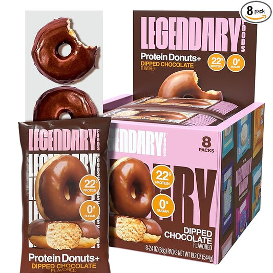 Legendary Foods Protein Donuts - 22g Protein, Dipped Chocolate, Zero Sugar Snack, Gluten Conscious, Low Carb, Keto Suitable, Diabetic and GLP-1 Diets - 8 Pack with Two Donuts per pack