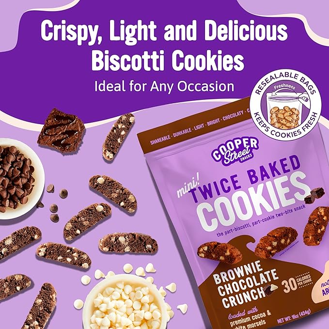 Cooper Street Twice-Baked Brownie Chocolate Biscotti Cookies (16oz each, Pack of 4) - 50 Two-Bite Mini Italian Style Snacks - Dairy-Free, Peanut Free, Kosher, Low-Calorie, Perfect with Coffee or Tea