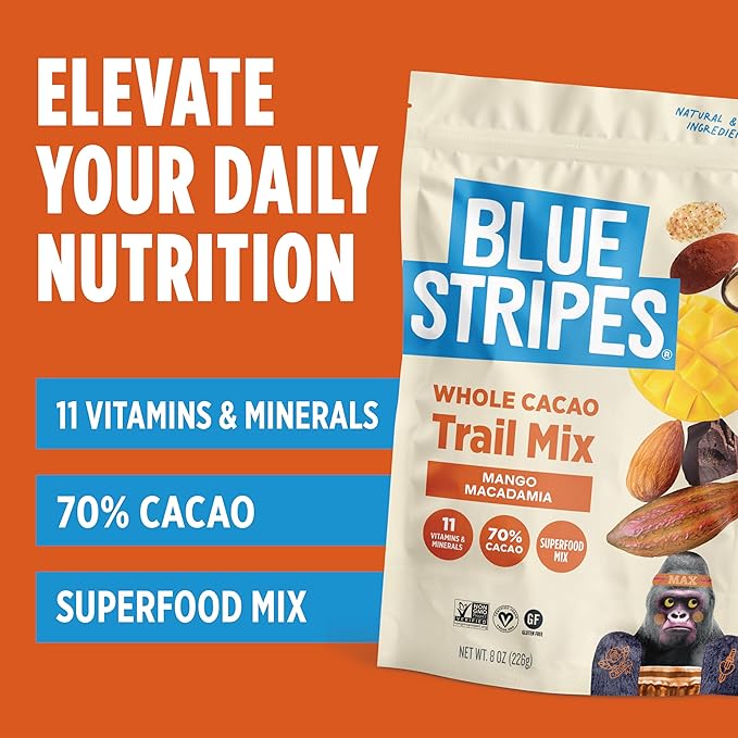 Blue Stripes - Trail Mix, 70% Chocolate Chips, Almonds, Macadamia Nuts, Mango, Healthy Snacks for Adults, Whole 70% Cacao, With Unrefined Sugar, Non GMO, Gluten Free, Vegan - 4 Pack, 8 oz