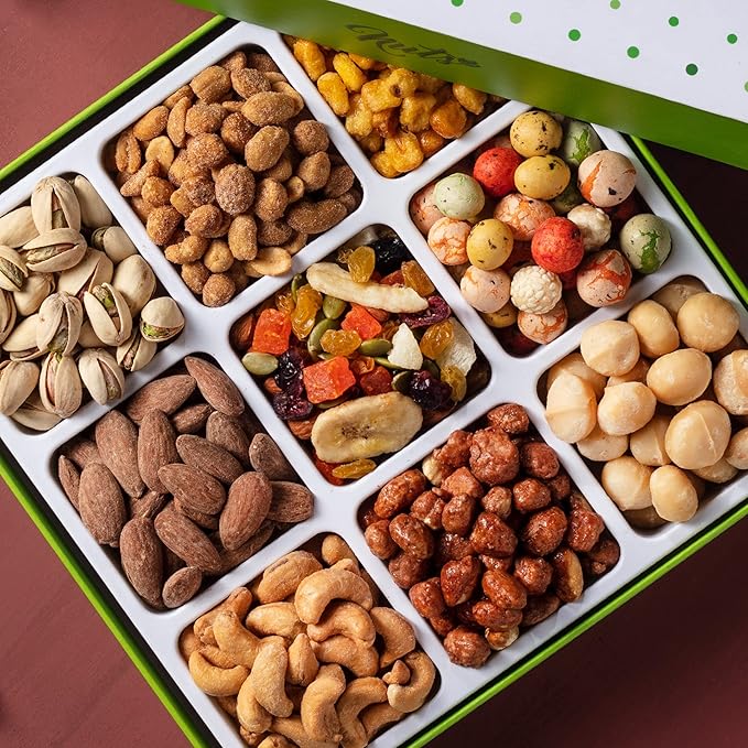 NUTS U.S. Dried Fruits & Nuts Gift Basket – 9-Variety Healthy Sweet & Salty Snack Box – Gourmet Assortment for Christmas, New Year, Birthday, Anniversary, Valentine’s Day & Corporate Gifts