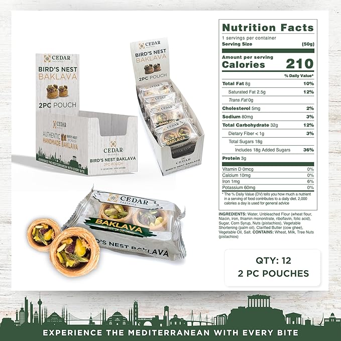 Cedar Pastries Pistachio Baklava 2-Pack On-The-Go Bird’s Nest – Case of 12 | Handmade Mediterranean Snack Pastries