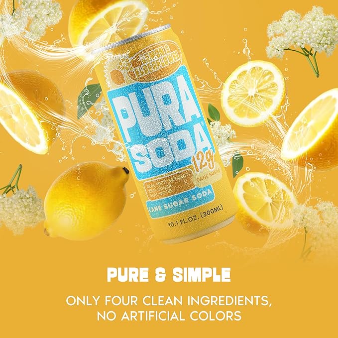 PuraSoda® Lemon & Elderflower | Low-Calorie, Cane Sugar Soda Beverage | Non-GMO, Vegan | Made with Pure Cane Sugar, Clean & Refreshing | 10.1 fl oz (300ml) Cans, Pack of 24