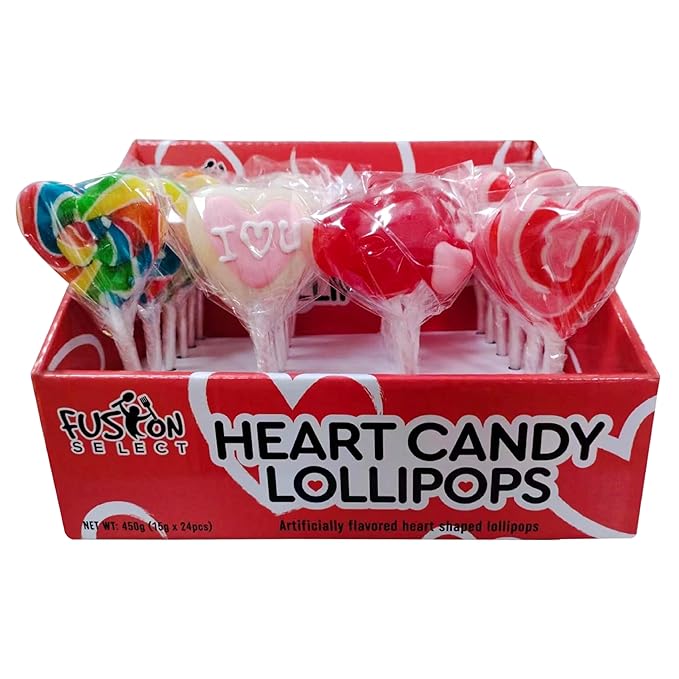 Fusion Select 24 Heart Shaped Lollipops Candy - Sweet Heart Lollipop for Party Bag Fillers, Pinata Stuffers - Ideal for Valentine's Day, Mother's Day, Halloween - Bulk Party Pack, Assorted Lollipops