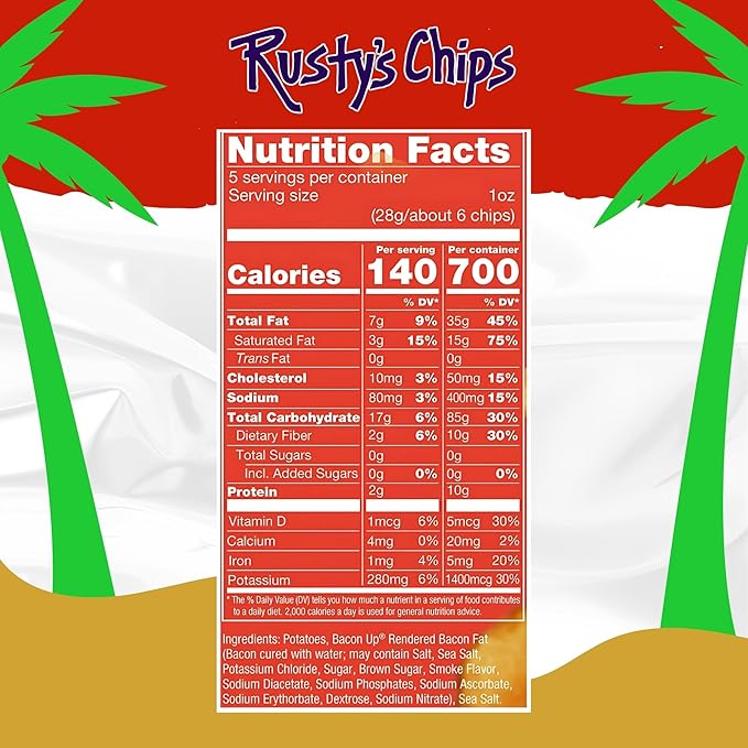 Bacon Up - Handmade Crunchy Healthy Potato Chips - No Preservatives, No Seed Oils, Gluten Free, Healthy Snacks for Adults - 5oz (6 Snack Packs) by Rusty's Chips