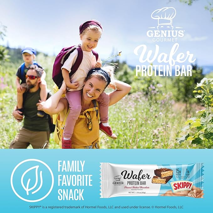 Genius Gourmet SKIPPY® Peanut Butter Chocolate Flavored Wafer Protein Bars,15g Protein per serving (30% DV), 1g Sugar, Chocolatey Snack Bar – 10 Count