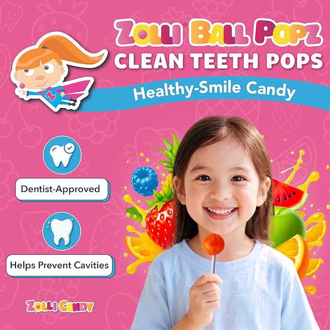 Zolli Ball Popz Clean Teeth Sugar Free Candy - Dye-Free, Keto & Diabetic-Friendly, Dentist-Approved Treats for Kids (Natural Fruit Flavors, 5.2 oz, Pack of 3)