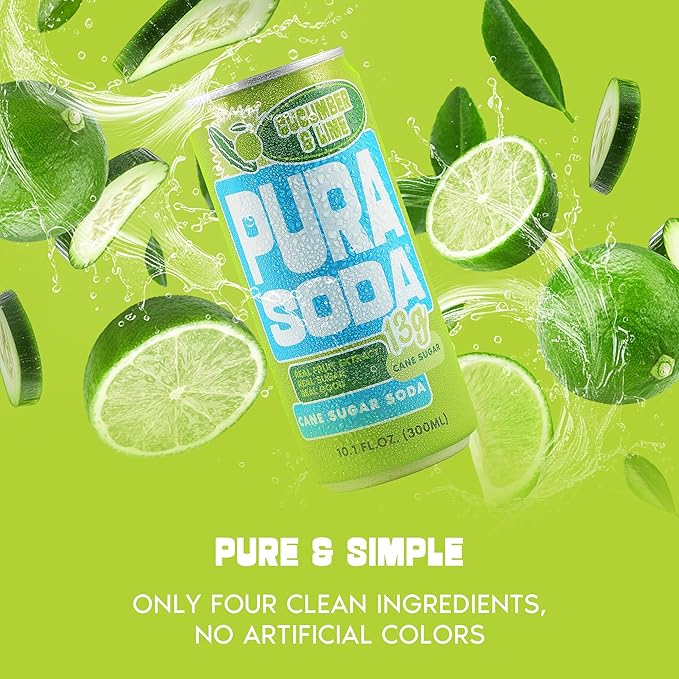 PuraSoda® Cucumber & Lime | Low-Calorie, Cane Sugar Soda Beverage | Non-GMO, Vegan | Made with Pure Cane Sugar, Clean & Refreshing | 10.1 fl oz (300ml) Cans, Pack of 24