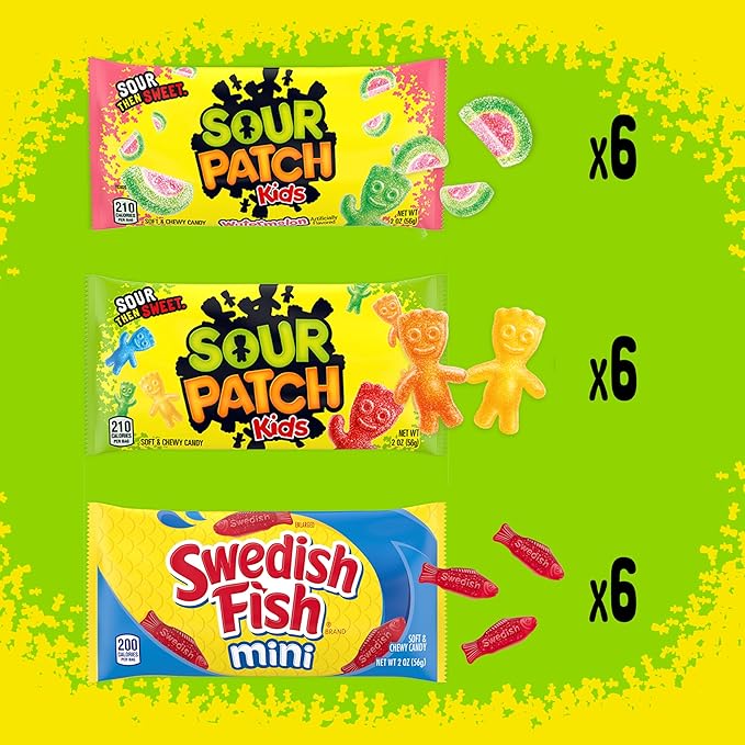 SOUR PATCH KIDS and SWEDISH FISH Mini Soft & Chewy Candy Variety Pack, Bulk Candy, 18-2 oz Bags