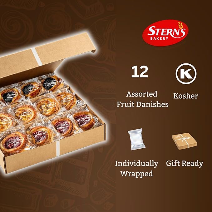 STERN'S BAKERY Fruit Danish Pastry [12 Count] | ASSORTED Fruit Filled Cinnamon Buns for Thanksgiving Gifts, Christmas Food Gifts | Delicous Breakfast Pastries | Kosher, Dairy Free & Nut Free