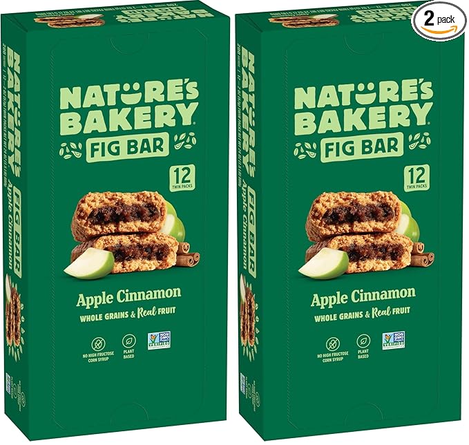 Nature's Bakery Whole Wheat Fig Bars, Apple Cinnamon, Real Fruit, Vegan, Non-GMO, Snack Bar, 1 Box With 12 Twin Packs (12 Twin Packs) (Pack of 2)