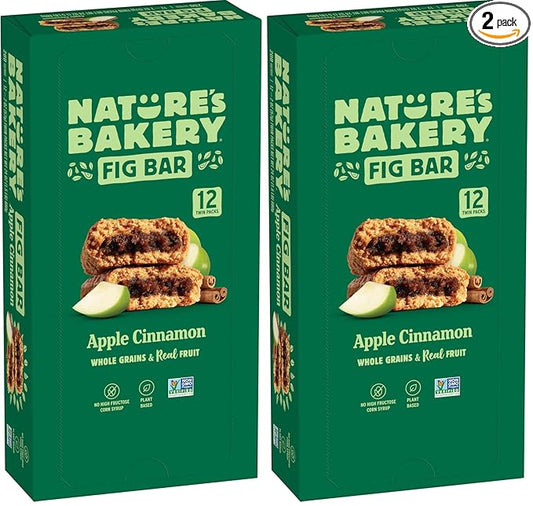 Nature's Bakery Whole Wheat Fig Bars, Apple Cinnamon, Real Fruit, Vegan, Non-GMO, Snack Bar, 1 Box With 12 Twin Packs (12 Twin Packs) (Pack of 2)