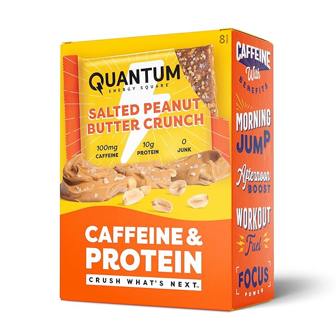 Quantum Energy Square: Energy Bar with Caffeine & 10g Protein. Delicious Healthy Snack On The Go. (Vegan, Gluten-free, Soy-free, Dairy-free) (Salted Peanut Butter Crunch)