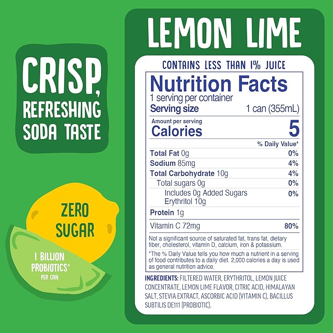 Cove Probiotic Soda, Zero Sugar Better-For-You Alternative - Refreshing, Delicious Probiotic Drink, No Synthetic Colors & Caffeine Free - Lemon Lime, 12 Pack