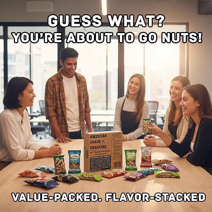 American Snacks Treasure Series No. 1 "THE EXECUTIVE CRUNCH" | Healthy Snacks Variety Pack: 30 Assorted Nuts Individual Packs Bulk – Cashew, Pistachios, Mixed Nuts, Low Calorie Snacks for Men & Women
