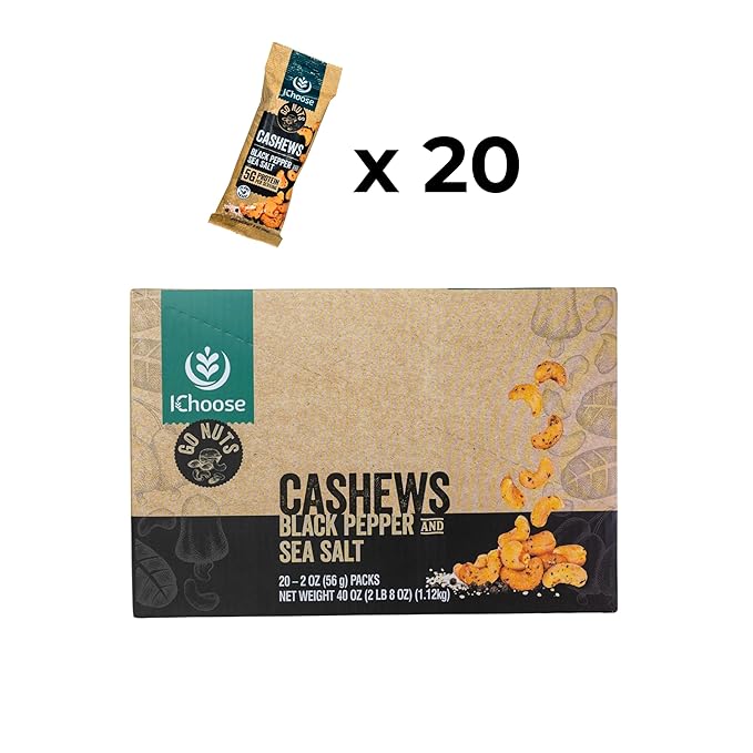 IChoose Go Nuts – Premium Cashews, High Protein Plant-Based Snack, 2 oz per Pack (20 Packs, Black Pepper and Sea Salt)